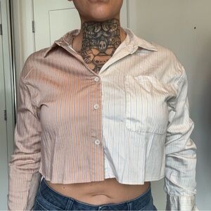 Forever 21 Two-Tone Striped Cropped Button-Down — Pink & White